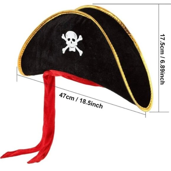 Adult pirate hat/skull/crossbones/red velour tie attached/ gold edging/sword - Picture 12 of 15